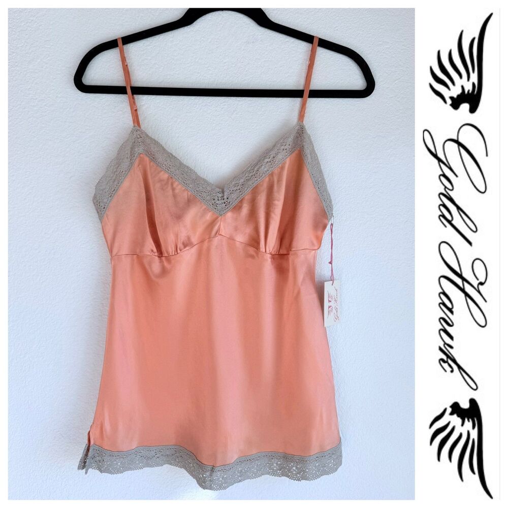 NEW Gold Hawk Two Tone 100% Silk Lace Trimmed Camisole in Orange Twist Size M